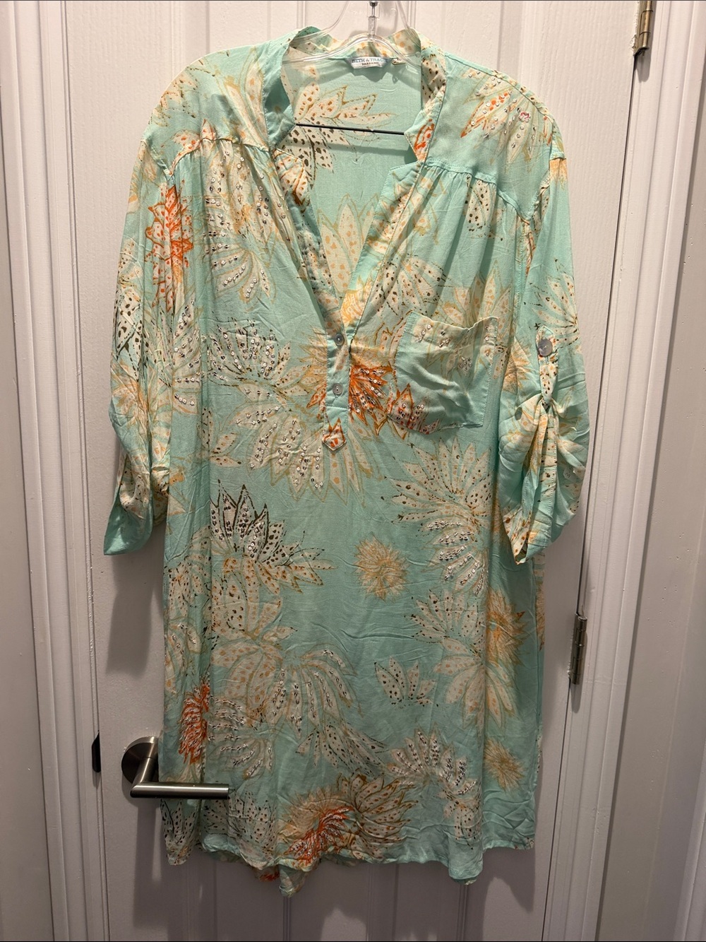 Light Aqua Floral V-Neck Women's Blouse